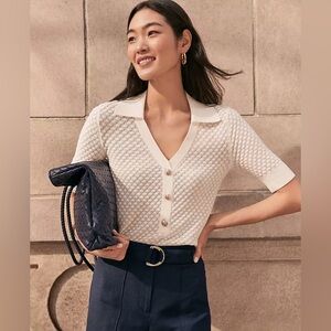 Ann Taylor Pointelle Polo Sweater Size M Cream Textured Knit Top Old Money Chic